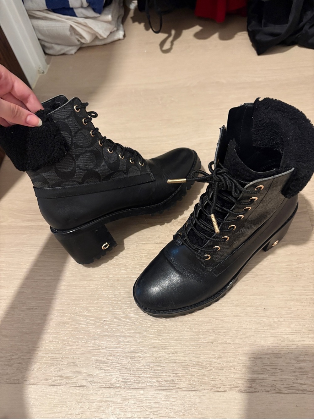 Coach Black Leather & Signature Canvas Lace-Up Ankle Boots